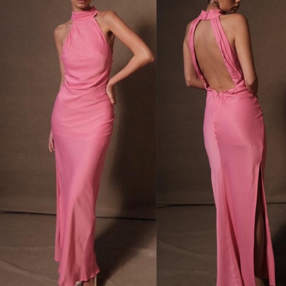 Meshki Satin Drape Back Cutout Maxi Pink Dress